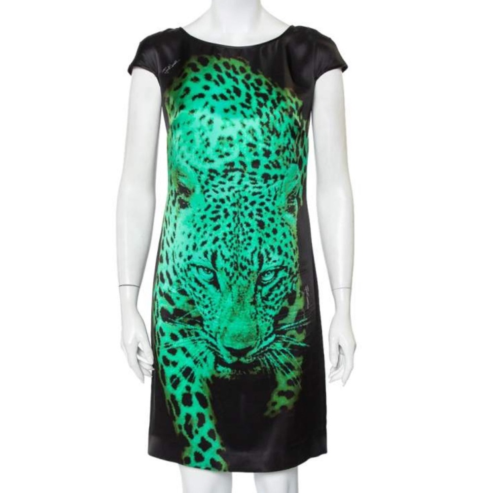 Just Cavalli Black and Green Leopard 💯 Silk Mini Dress Sz 40